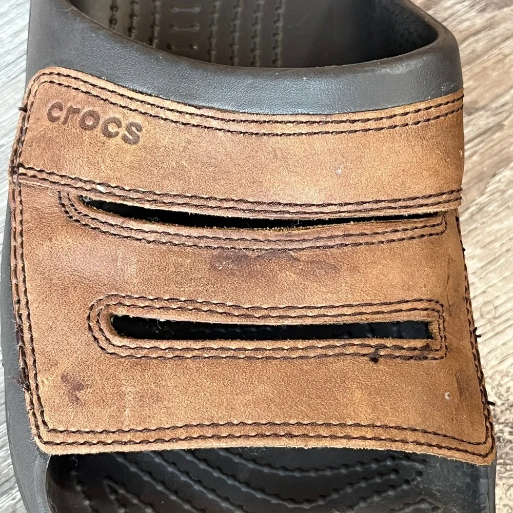 Crocs Yukon Slide Sandals Mens 13 Brown Leather Espresso Croslite Slip On Shoes